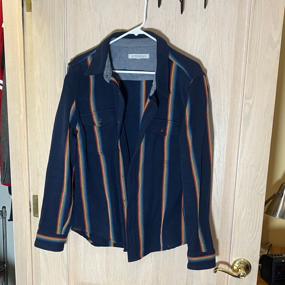 Outerknown Navy Blue Button-Down Shirt with Multicolor Vertical Stripes